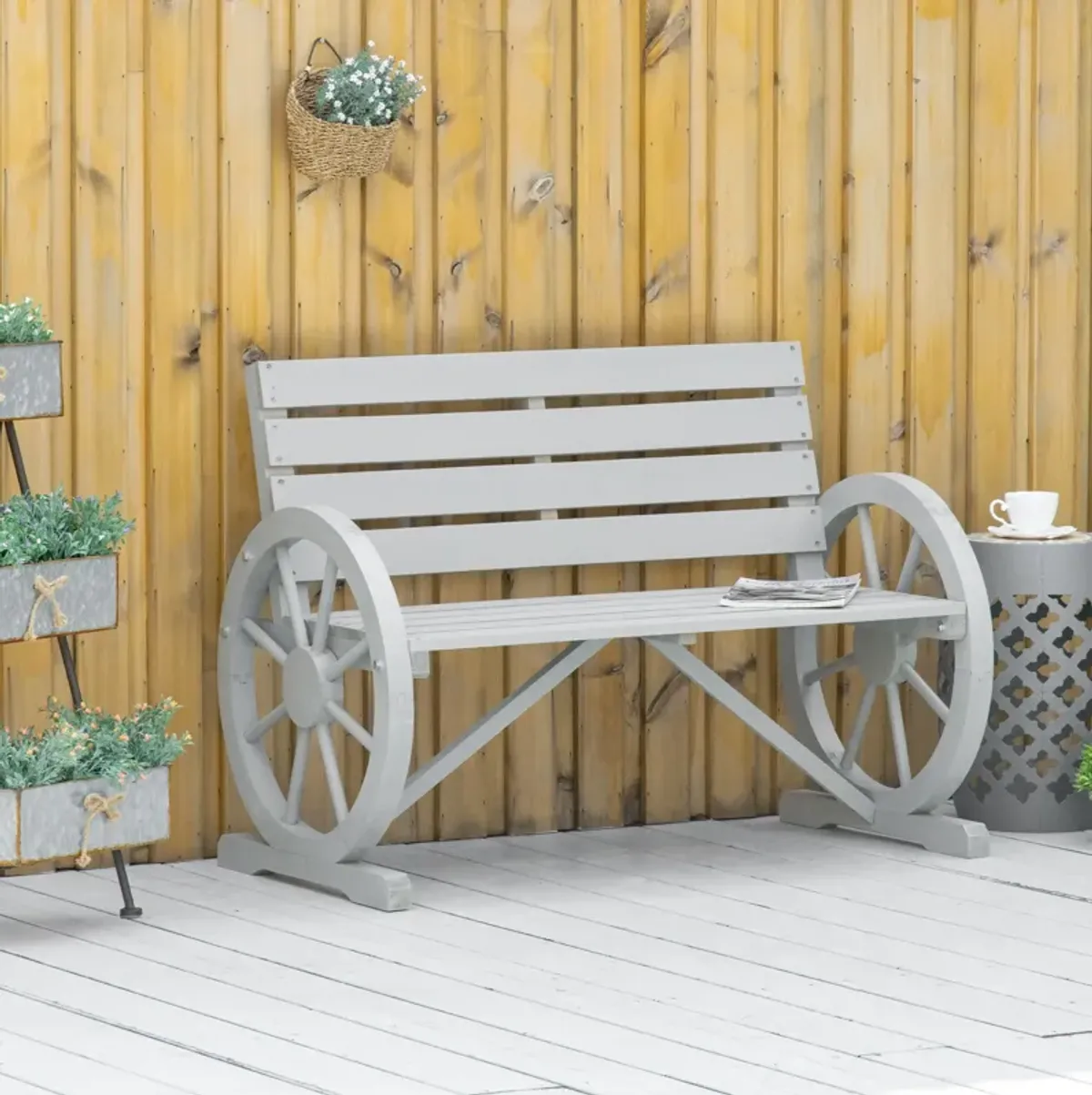 Charcoal Rustic Seating: 2-Person Wagon Wheel Bench for Patio