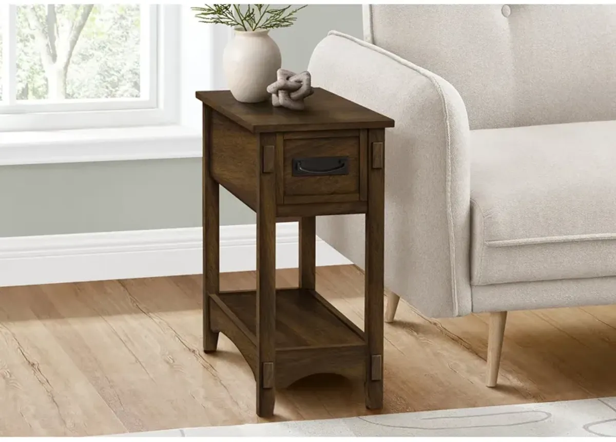 Monarch Specialties I 3955 - Accent Table, End, Side Table, Nightstand, 2 Tier, Narrow, Storage Drawer, Brown Veneer, Transitional