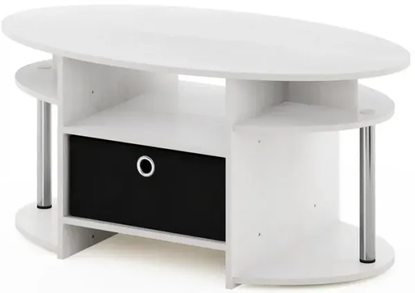 Furinno JAYA Simple Design Oval Coffee Table with Bin, White Oak, Stainless Steel Tubes
