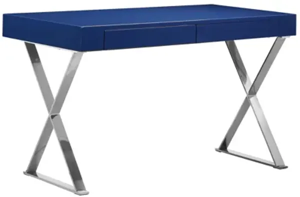 Rix 47 Inch Office Desk, Navy Wood Top, 2 Drawers, X Polished Steel Legs - Benzara