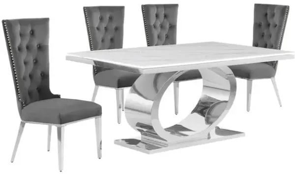 5pc Small(68") marble top dining set with silver base and 4 Dark grey chairs