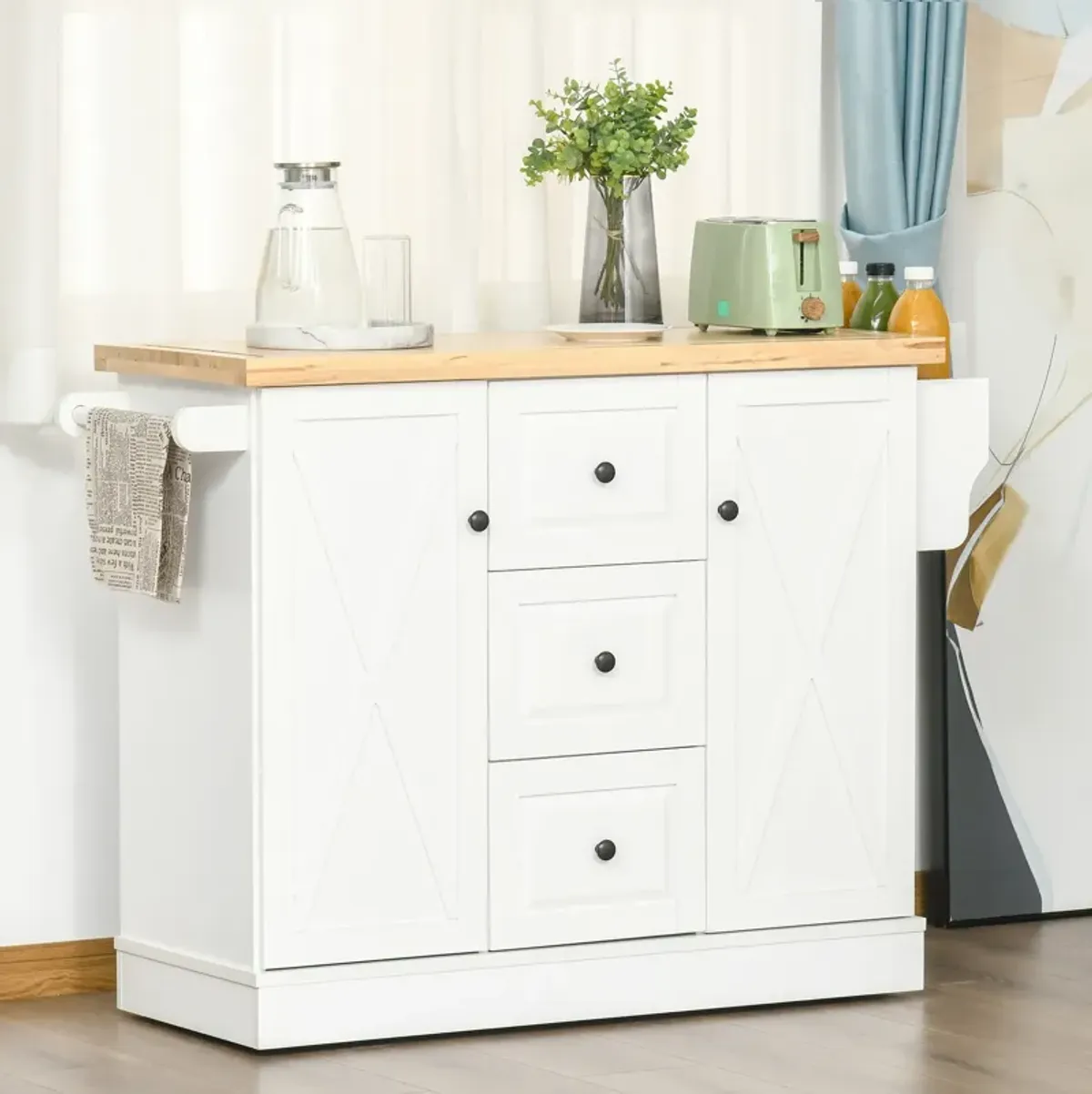 White Culinary Companion: Kitchen Island with Rubberwood Top & Storage