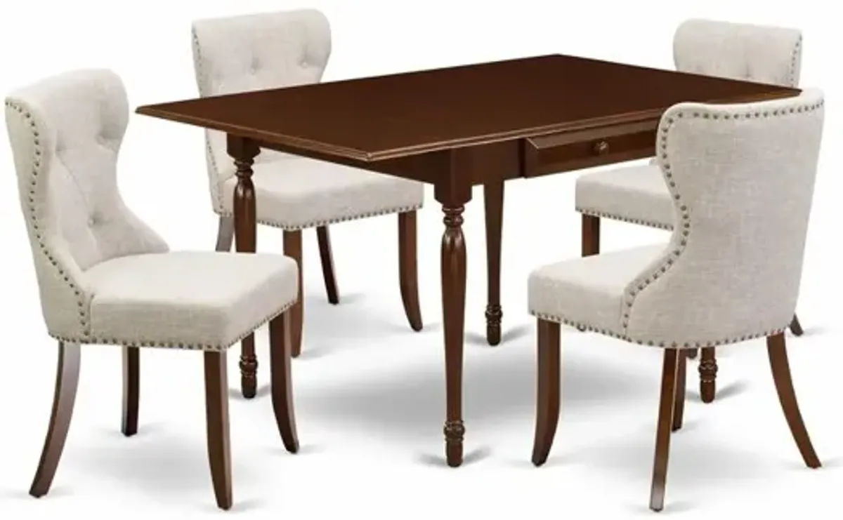 East-West Furniture MZSI5-MAH-35 - A kitchen table set of 4 amazing kitchen chairs with Linen Fabric Doeskin color and a lovely wooden dining table with Mahogany Finish