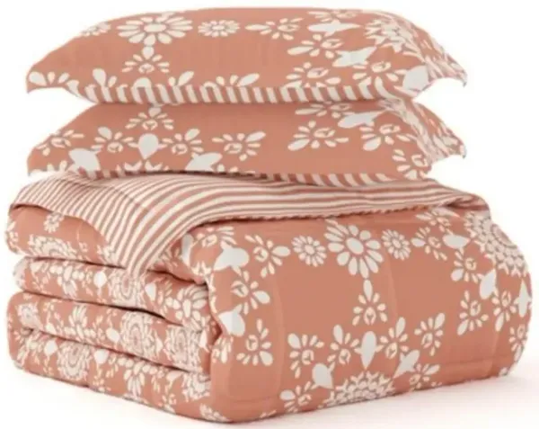 2 Piece Reversible Daisy Medallion Striped Comforter Set