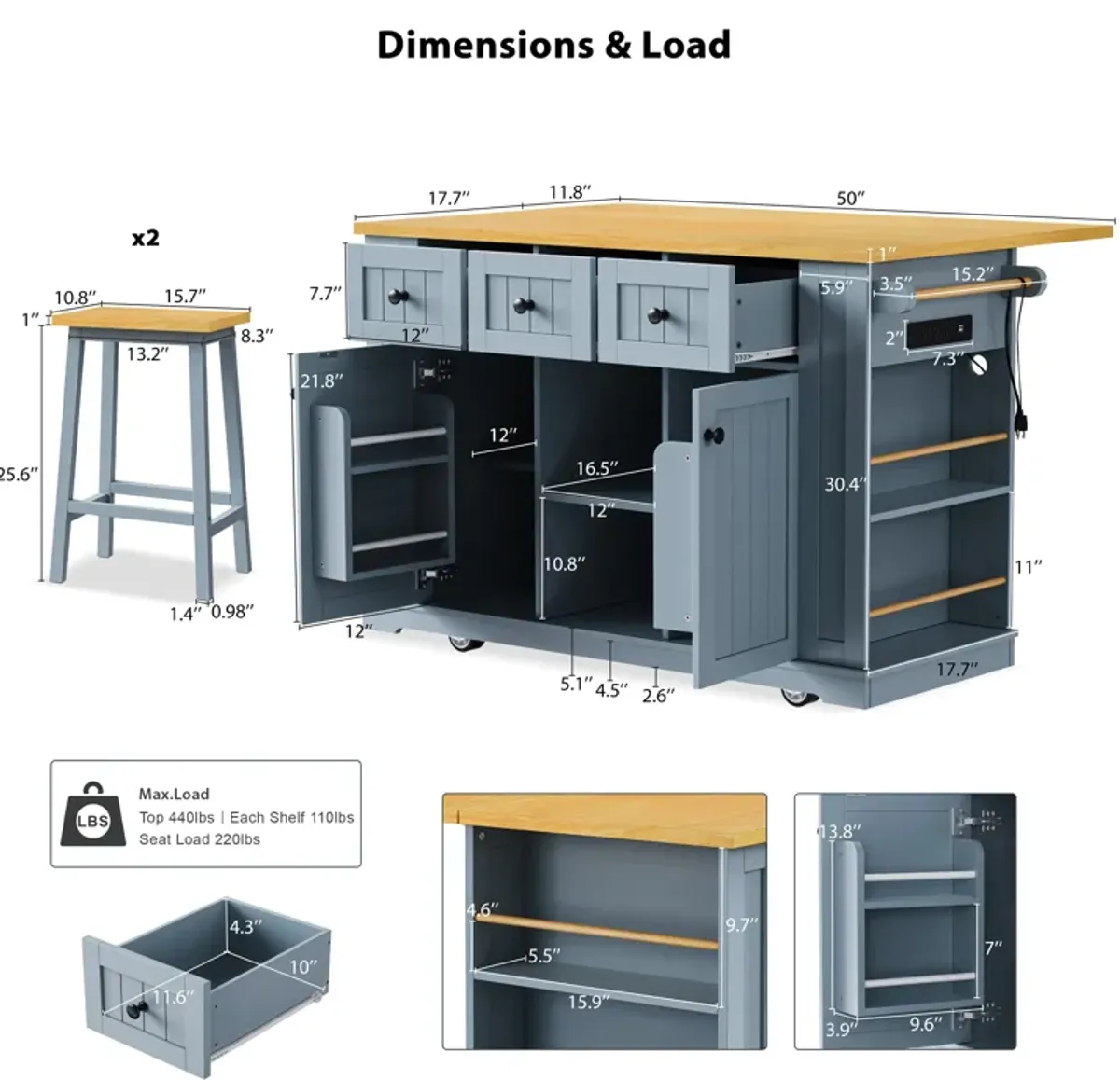 Merax Kitchen Island with 2 Bar Stools