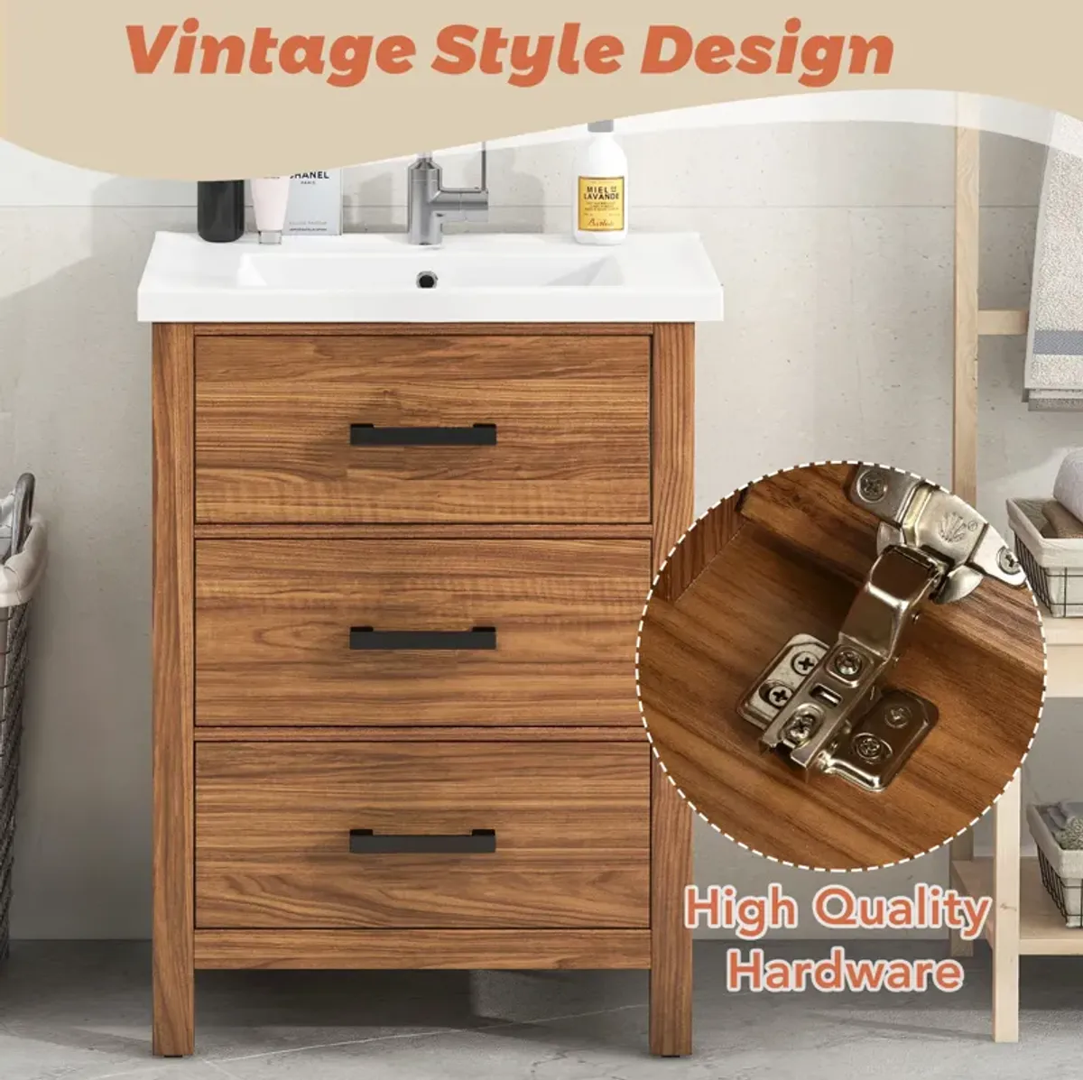 Vintage Style 24" Bathroom Vanity Cabinet with Tip-out Drawer