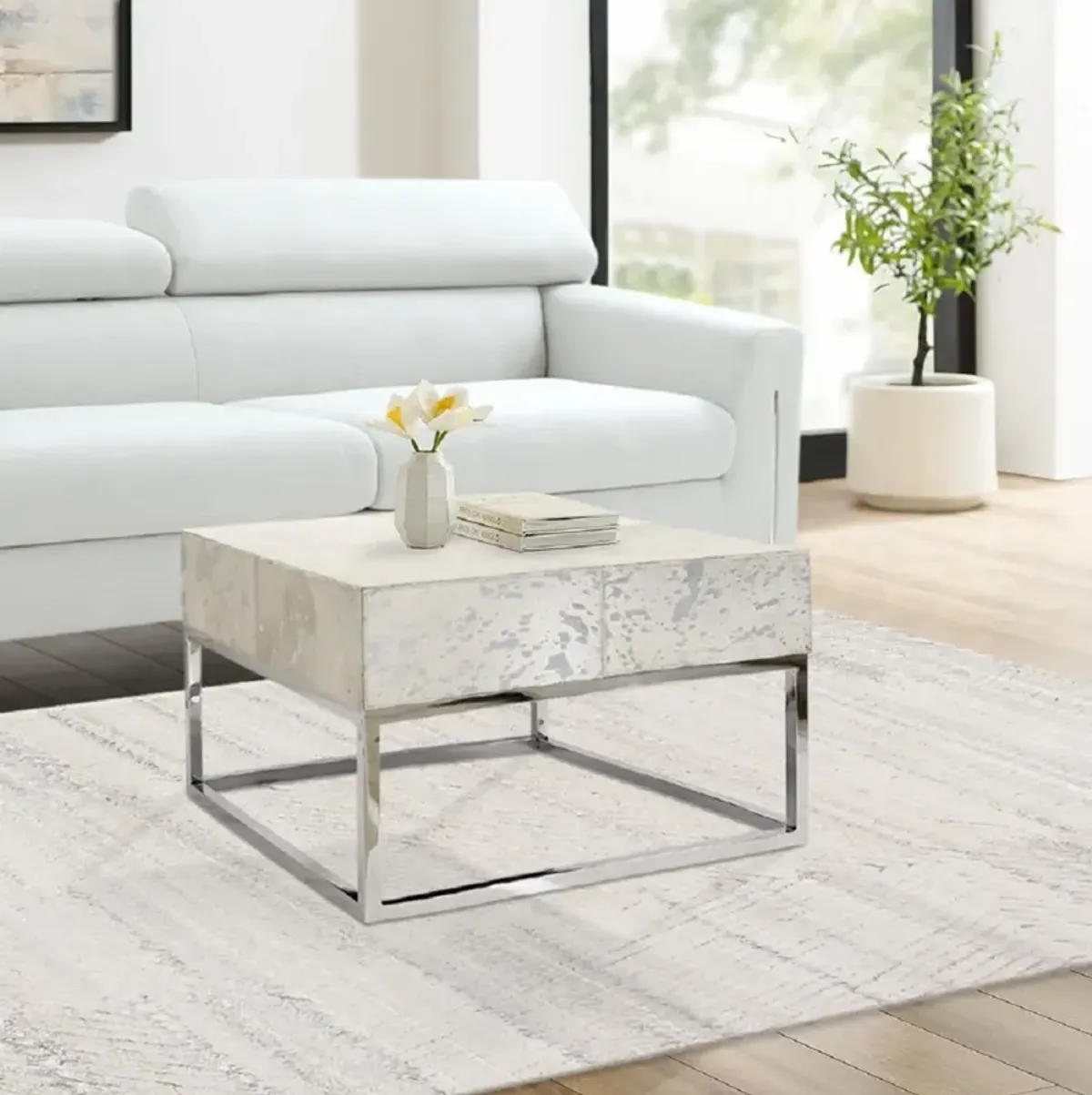 Pasargad Home Safari Silver Foil Cowhide & Steel Coffee Table, Silver