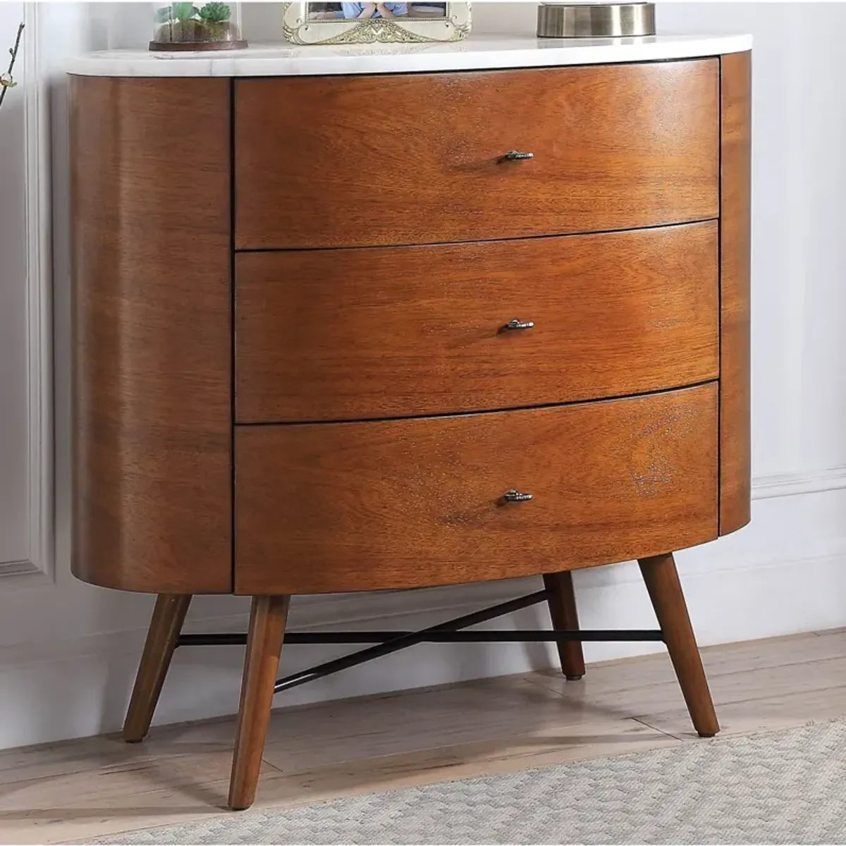 Walnut Finish 1pc Chest of Three Drawers Marble Top Ball Bearing Glides Bedroom Furniture