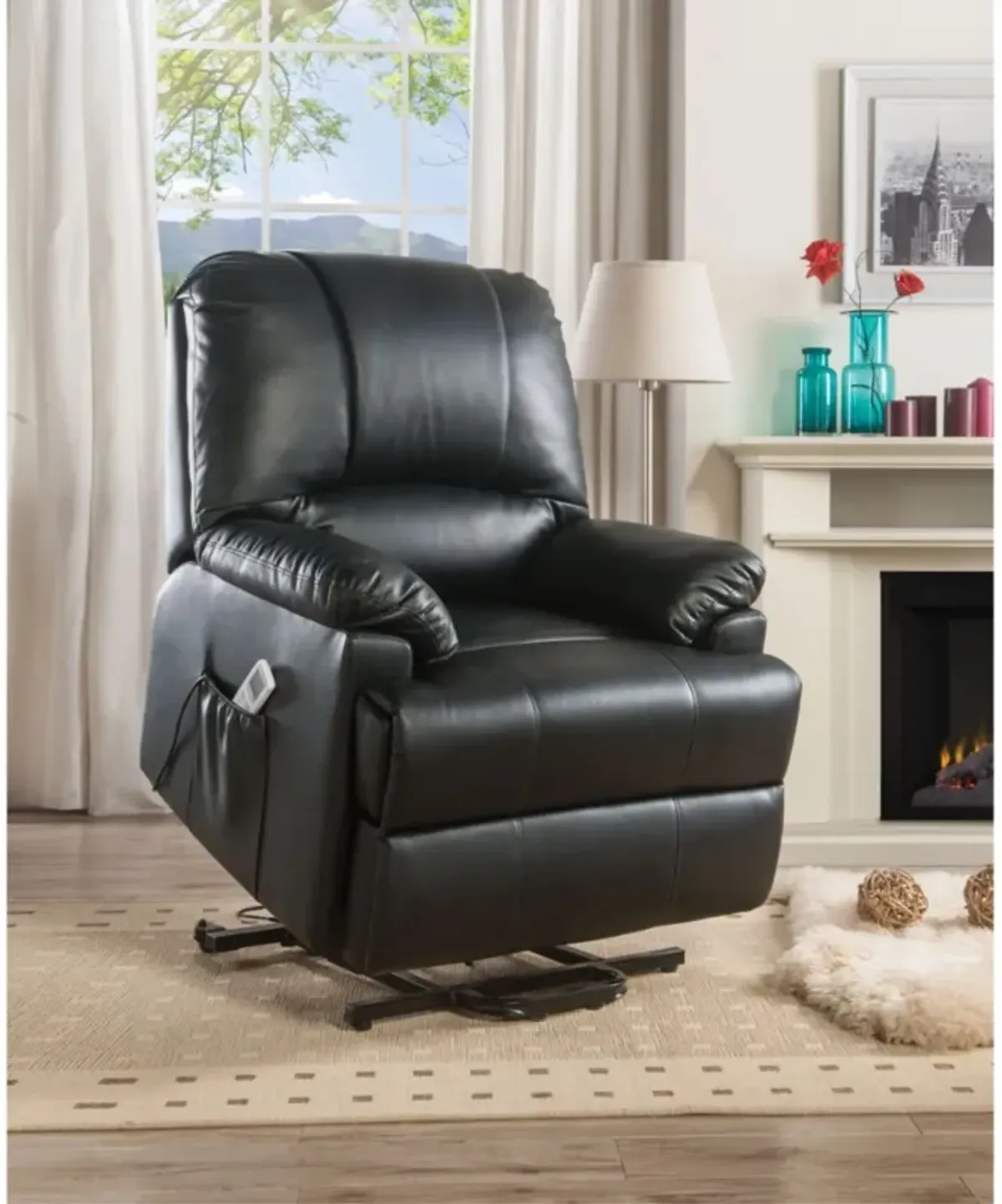 Contemporary Polyurethane Upholstered Metal Recliner with Power Lift, Black