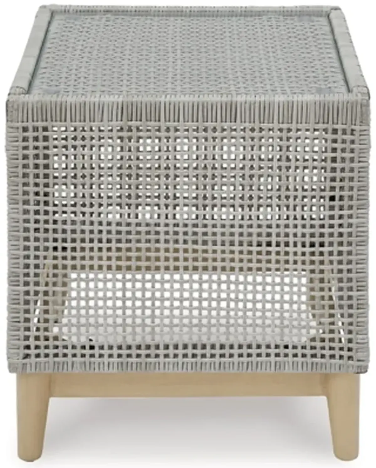 Yami 23 Inch Outdoor Side End Table, Resin Wicker, Tempered Glass Top, Gray - Benzara