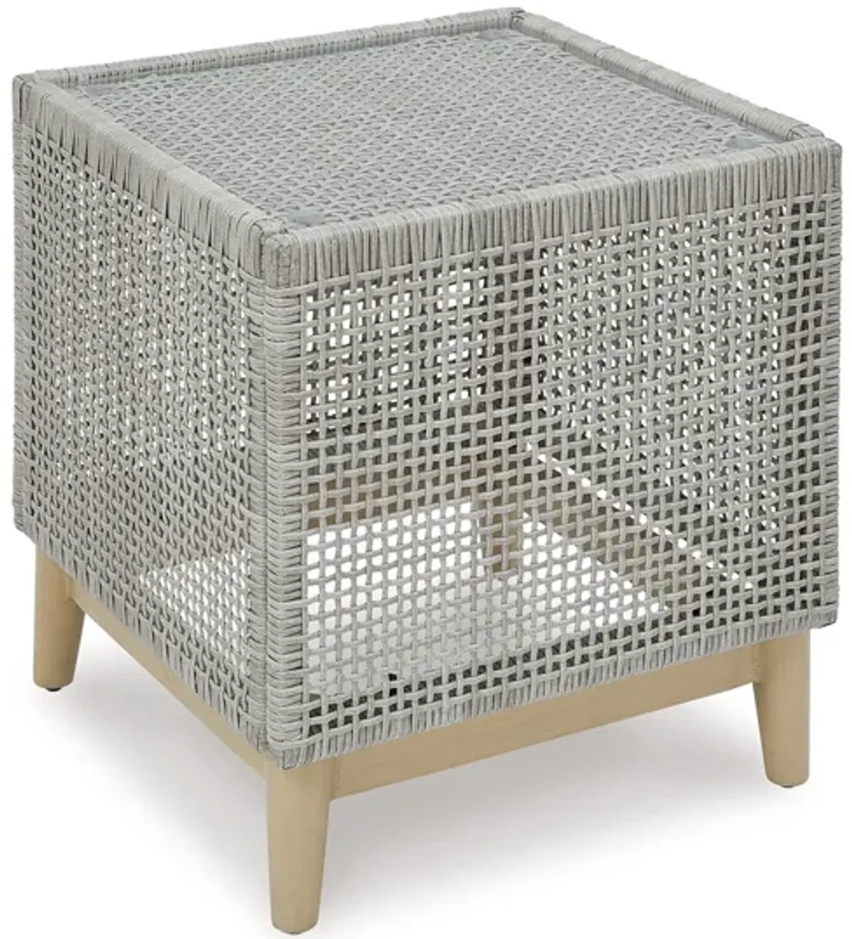 Yami 23 Inch Outdoor Side End Table, Resin Wicker, Tempered Glass Top, Gray - Benzara