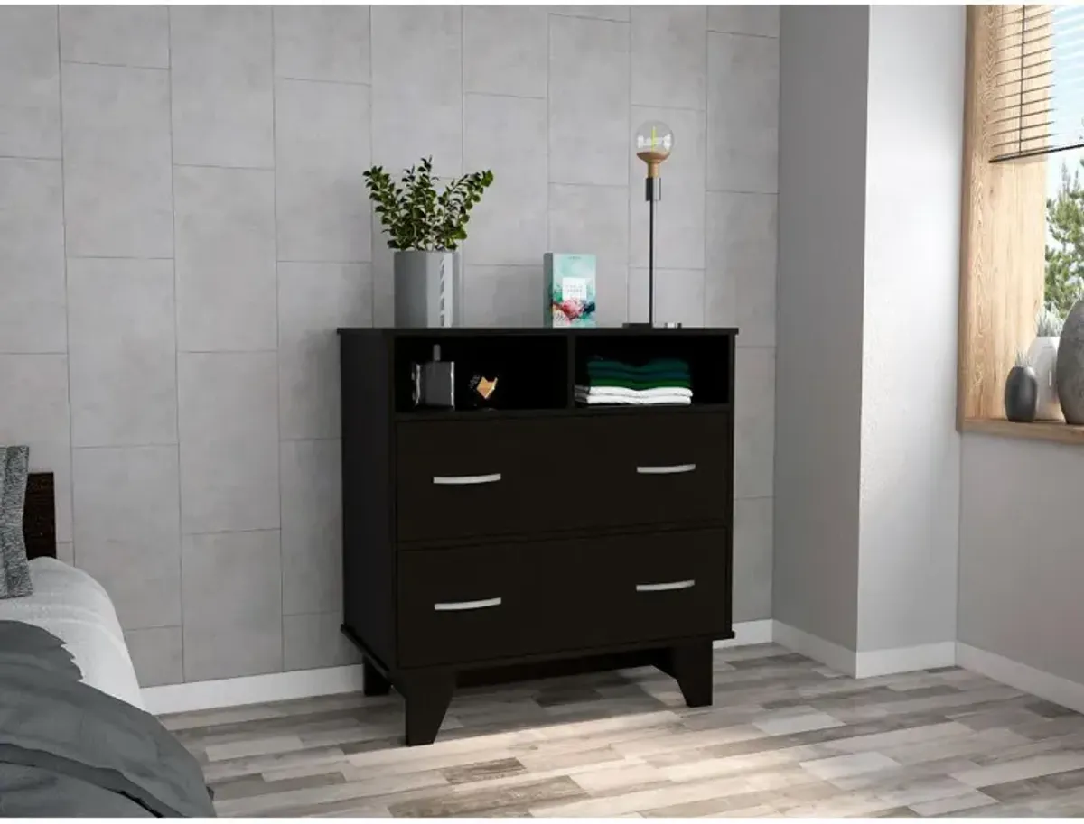 DEPOT E-SHOP Stamford Two Drawer Dresser, Four Legs, Two Open Shelves, Countertop-Black, For Living Room