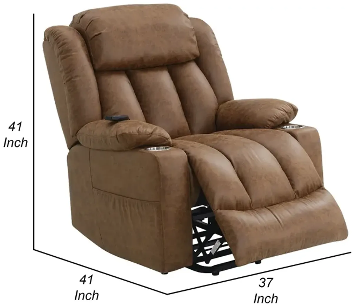 Mario Power Recliner Lift Chair, Heating Massage, Brown Faux Leather - Benzara