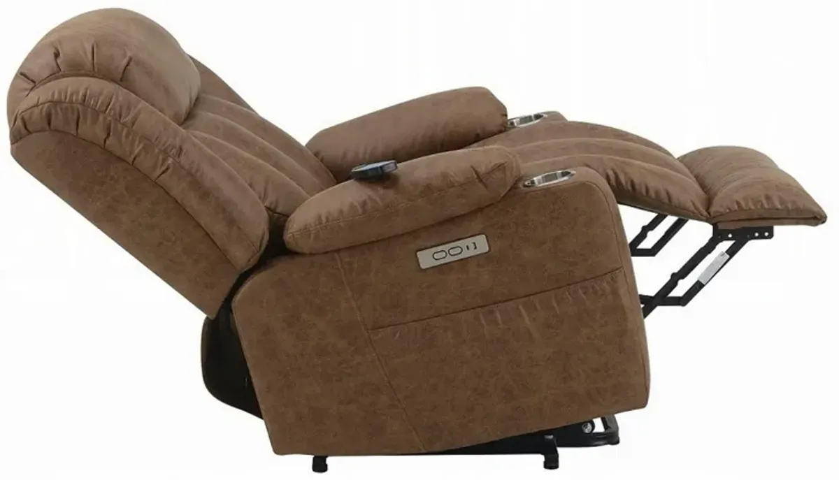 Mario Power Recliner Lift Chair, Heating Massage, Brown Faux Leather - Benzara