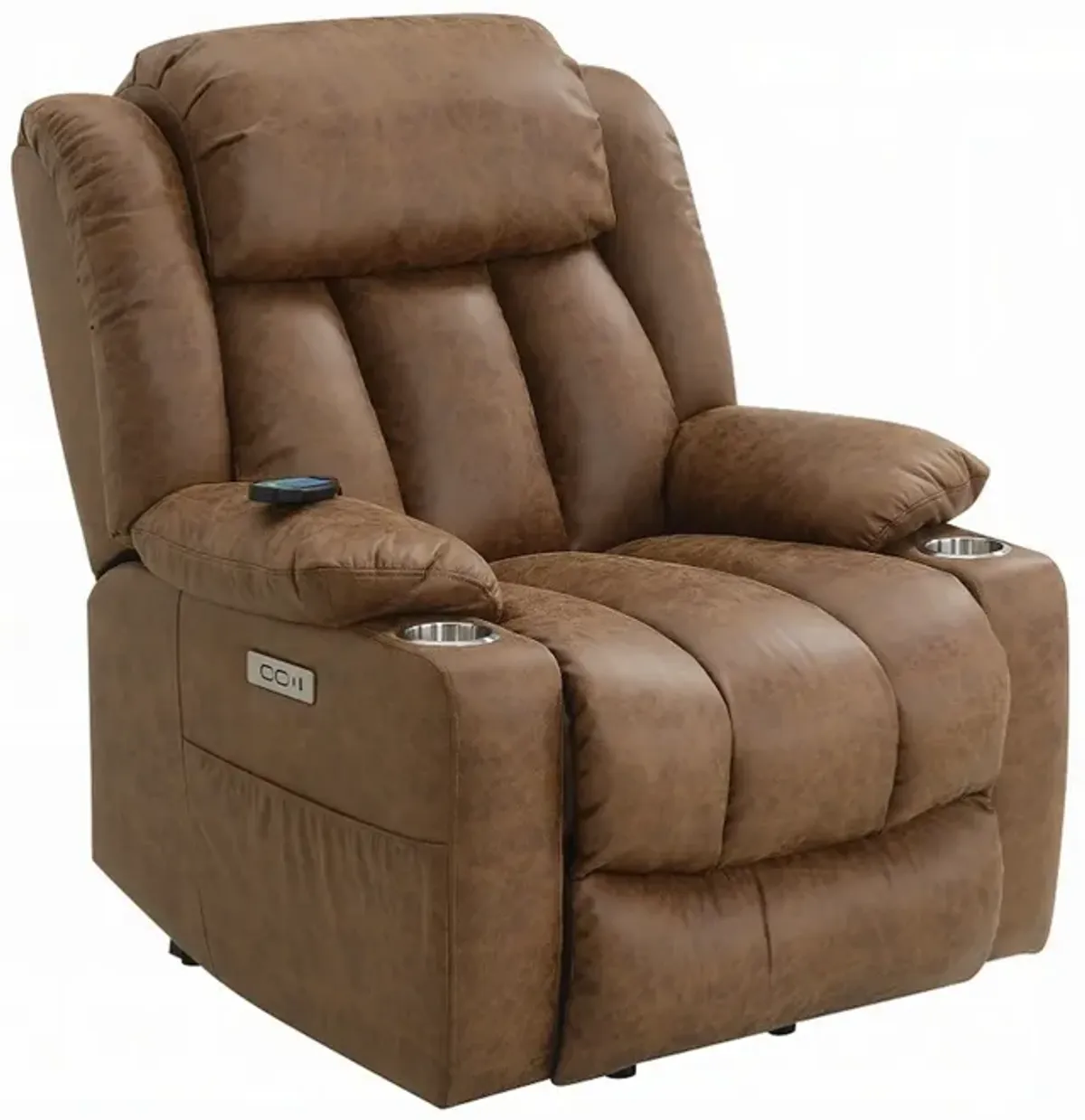 Mario Power Recliner Lift Chair, Heating Massage, Brown Faux Leather - Benzara