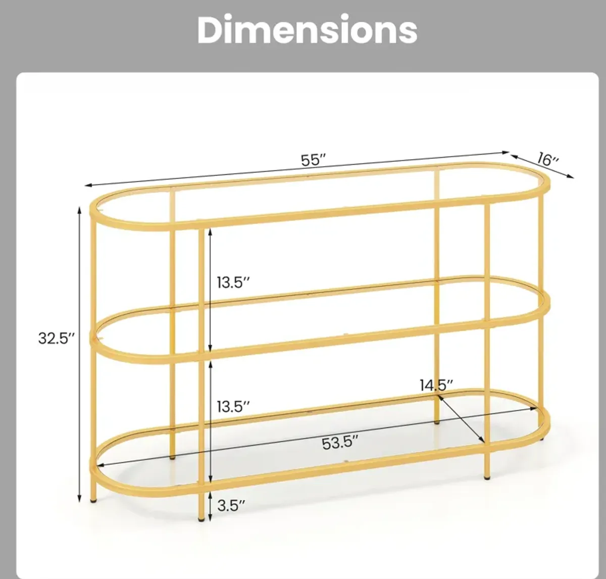 3 Tier TV Stand Console Table with Tempered Glass Shelves for Living Room-Golden