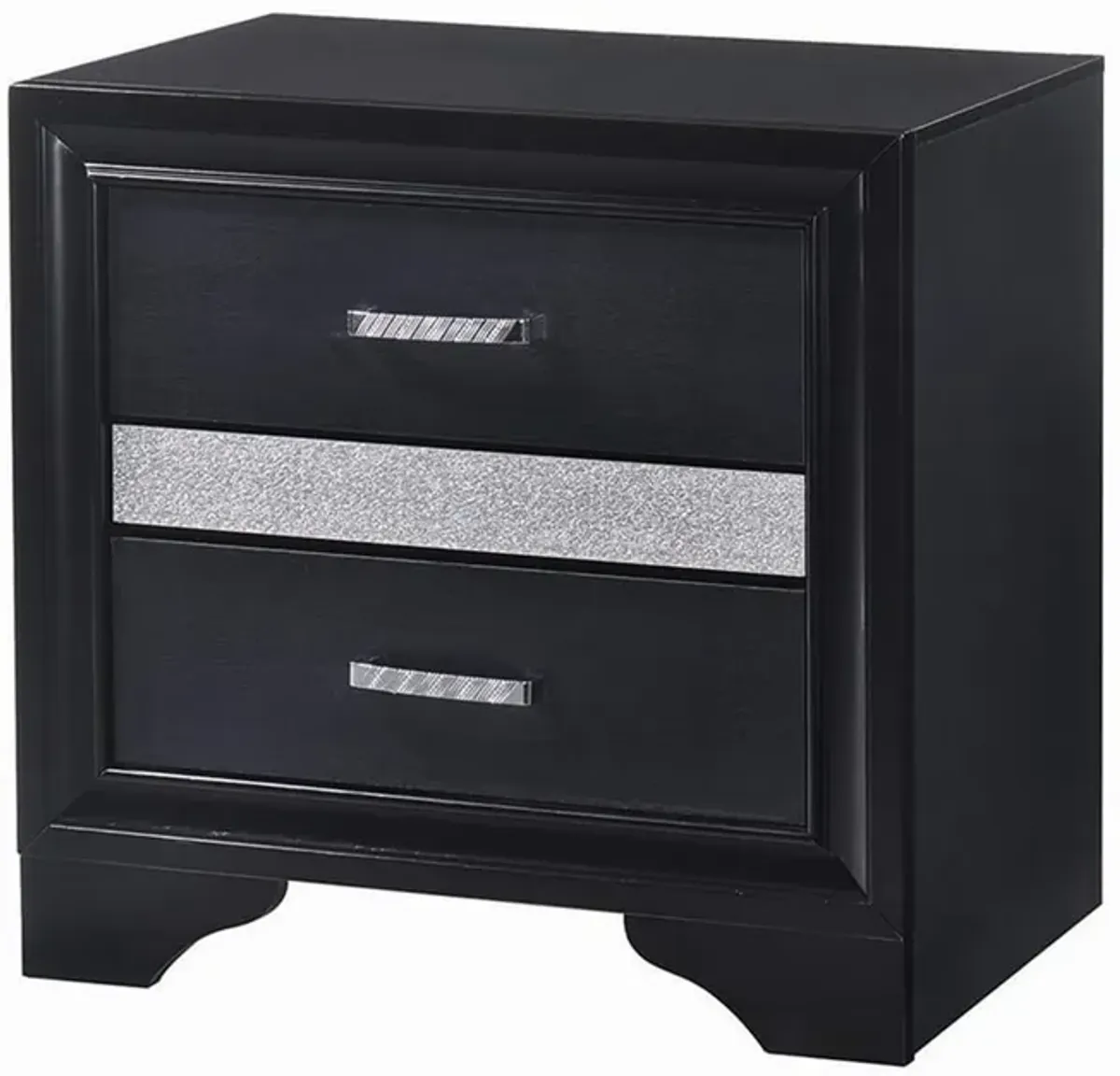 Nightstand with 2 Drawers and Rhinestone Pull Handles, Black and Silver-Benzara