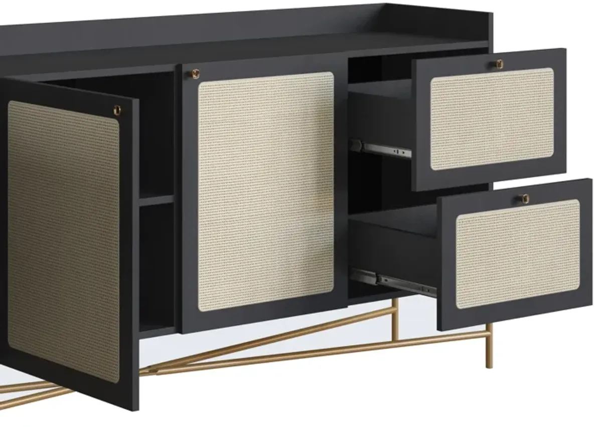 Boho 72"L X32"H  Sideboard Iron Gold Legs  Rattan 3 Door -2-Drawer-Nero Black