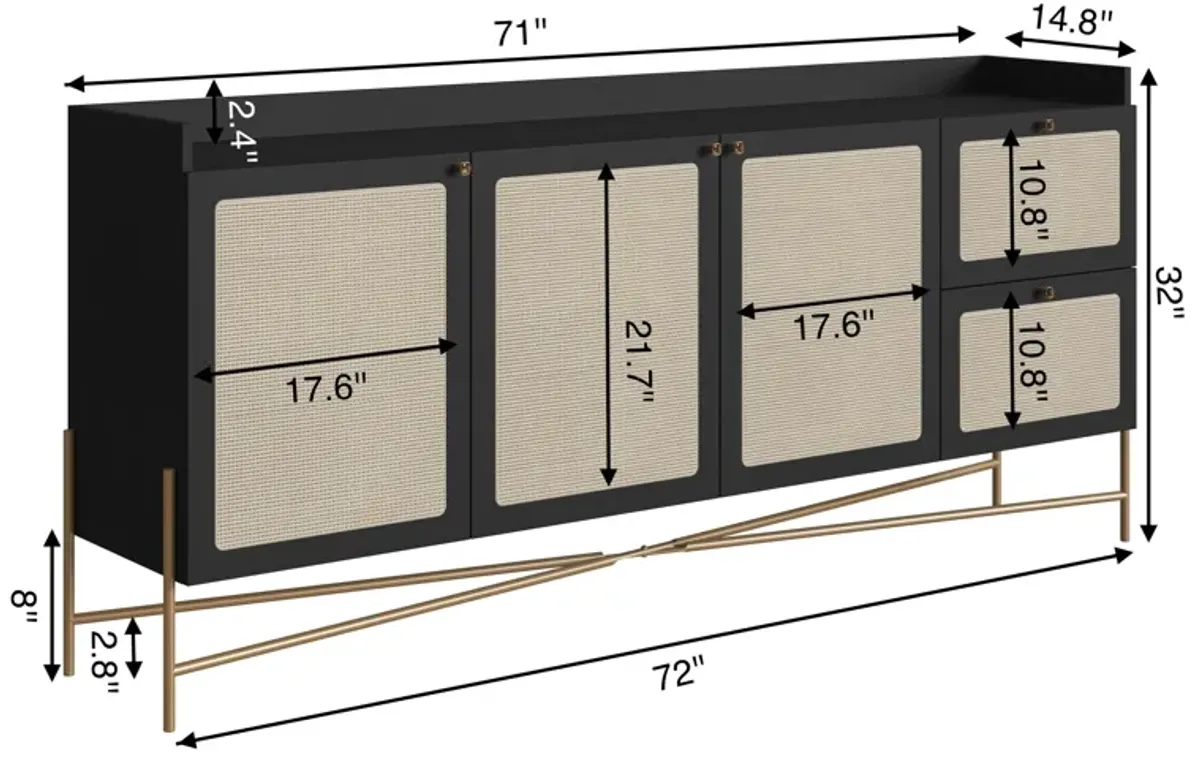 Boho 72"L X32"H  Sideboard Iron Gold Legs  Rattan 3 Door -2-Drawer-Nero Black