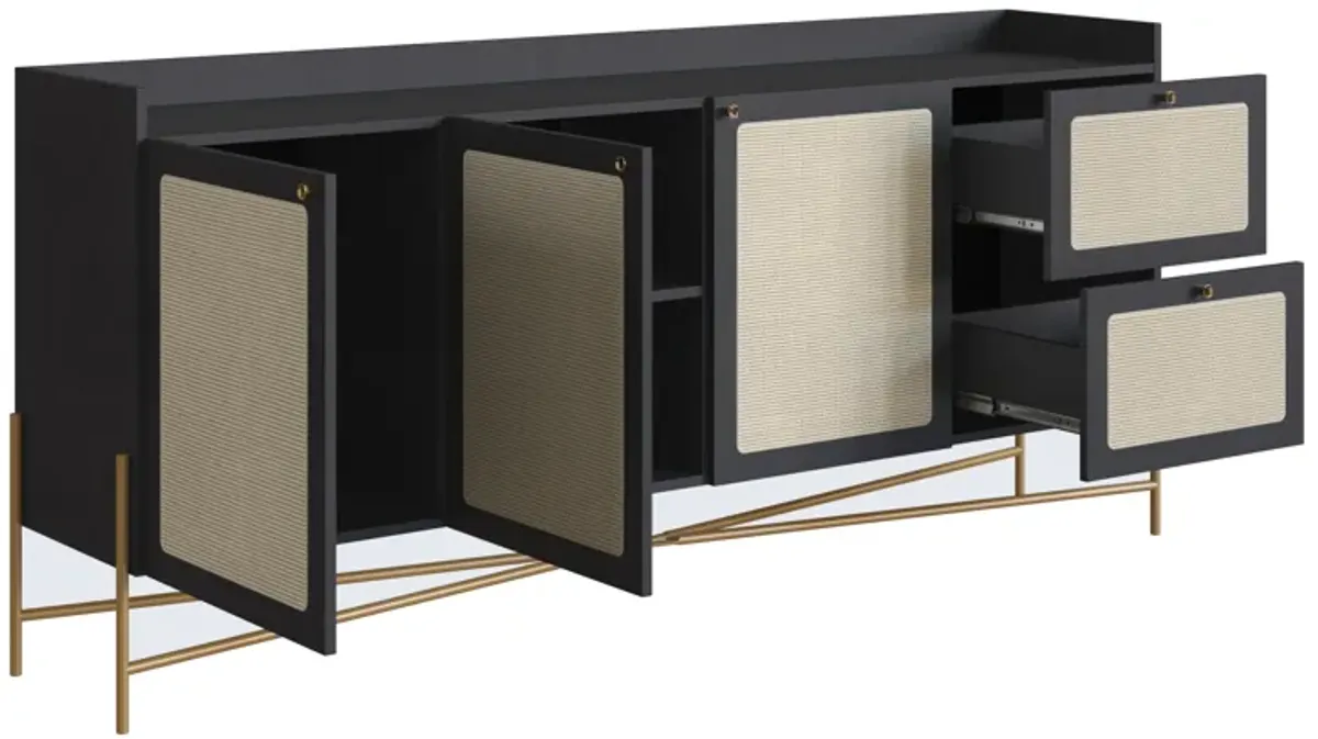 Boho 72"L X32"H  Sideboard Iron Gold Legs  Rattan 3 Door -2-Drawer-Nero Black