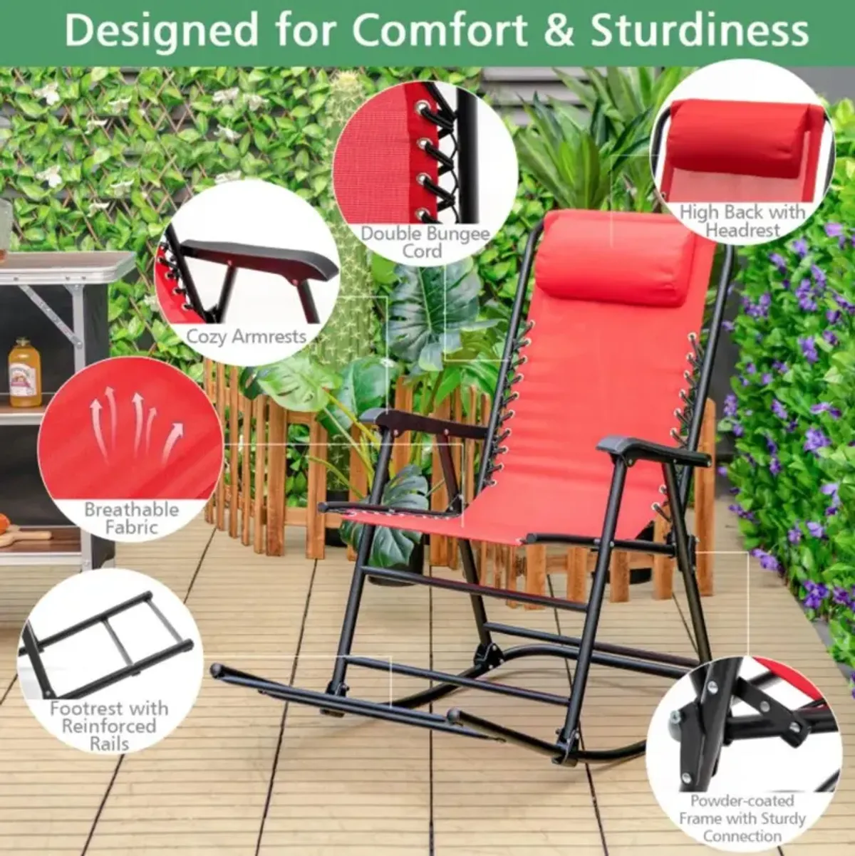 Hivvago Outdoor Patio Camping Lightweight Folding Rocking Chair with Footrest