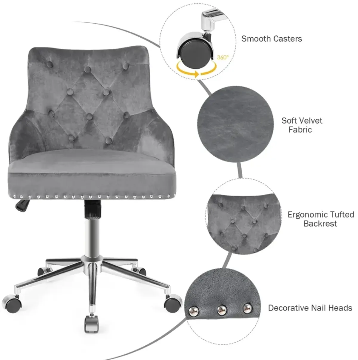 Tufted Upholstered Swivel Computer Desk Chair with Nailed Trim