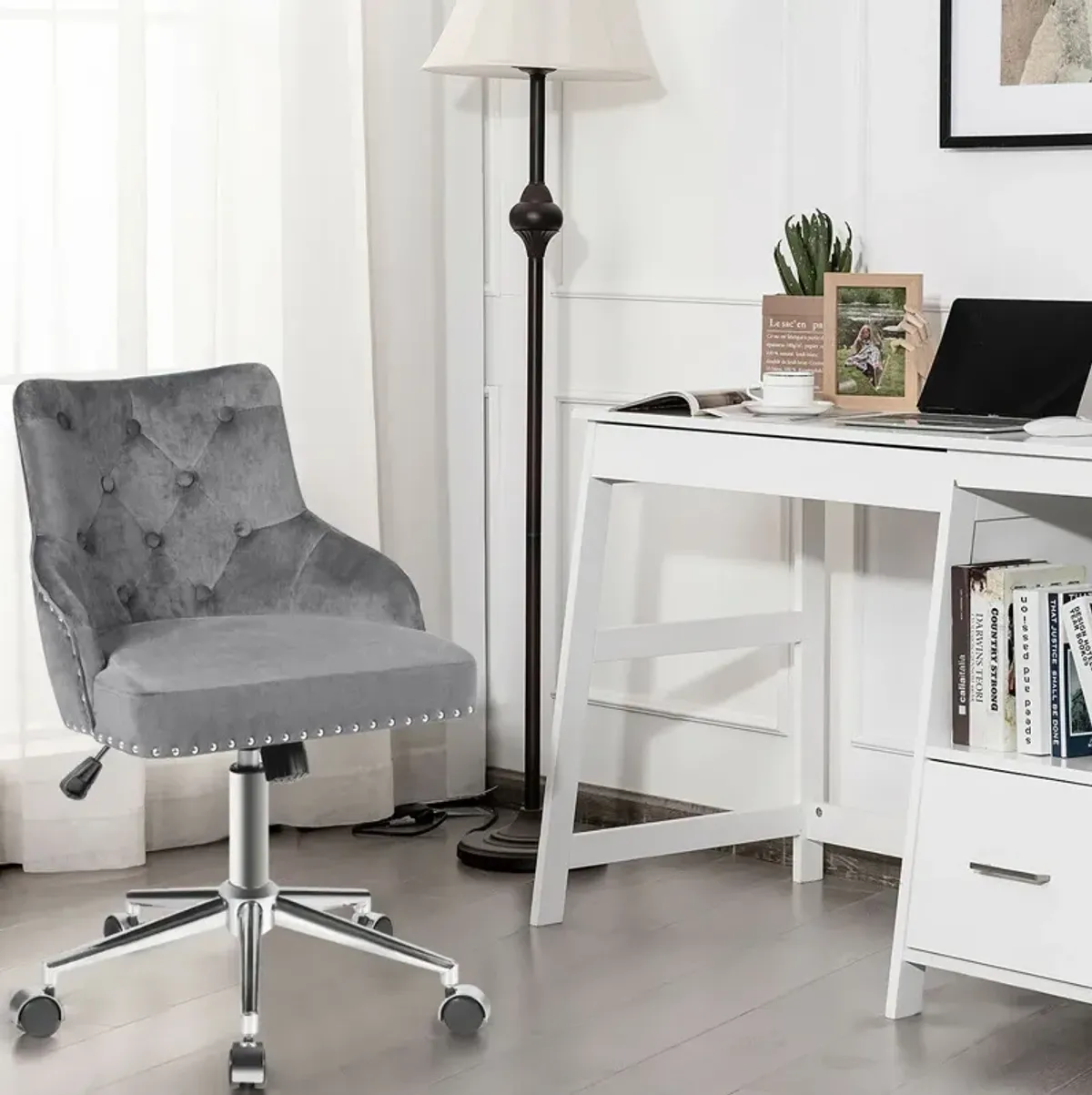 Tufted Upholstered Swivel Computer Desk Chair with Nailed Trim