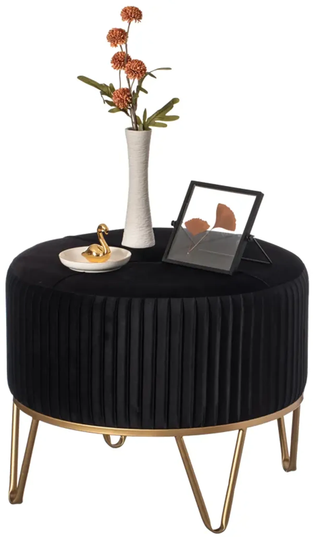 Round Velvet Ottoman Stool Raised with Hairpin Gold Base, Black, Medium