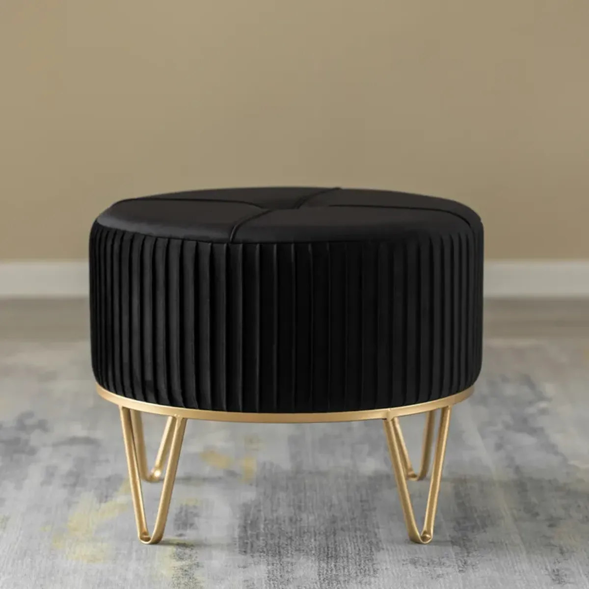 Round Velvet Ottoman Stool Raised with Hairpin Gold Base, Black, Medium