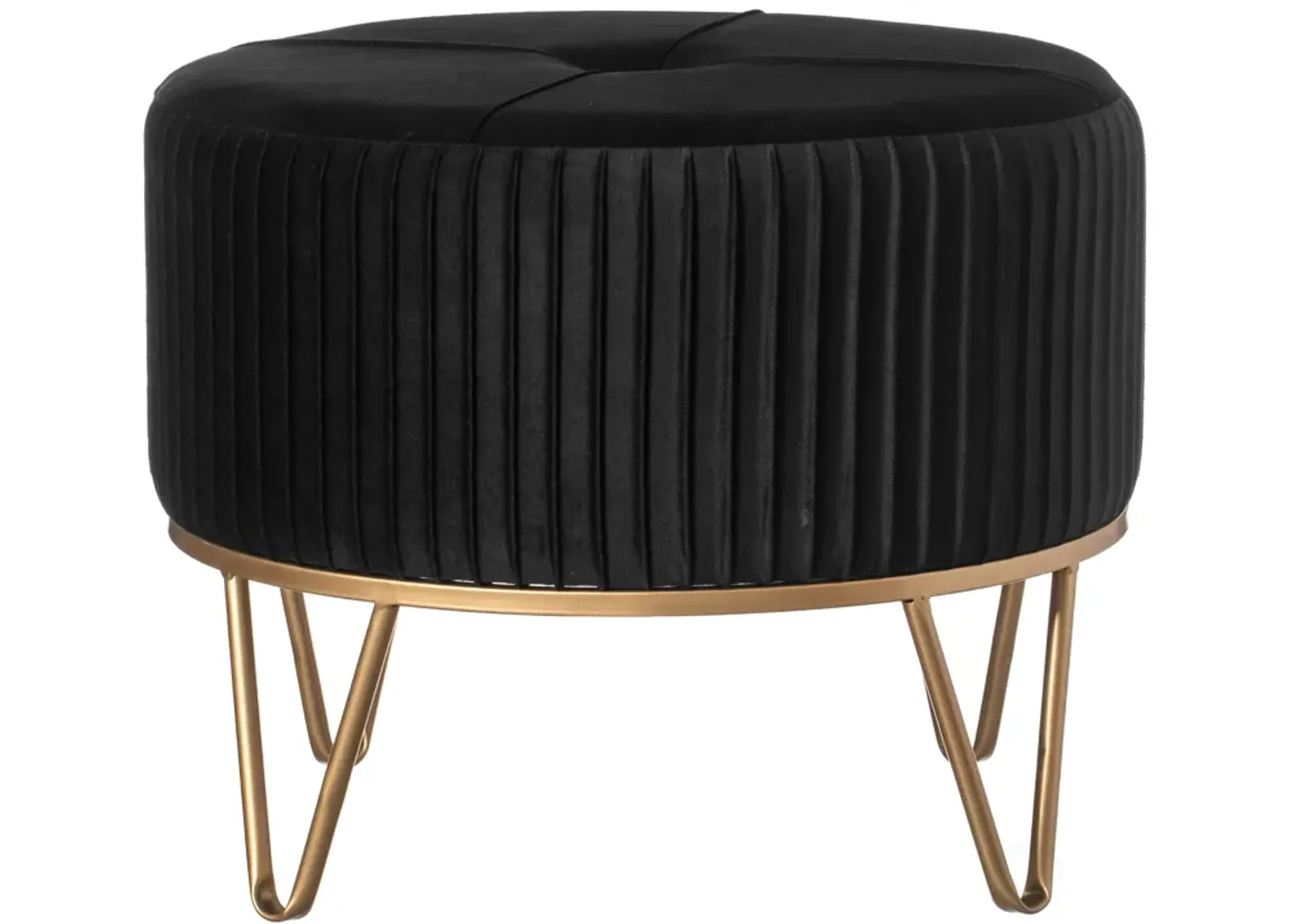 Round Velvet Ottoman Stool Raised with Hairpin Gold Base, Black, Medium