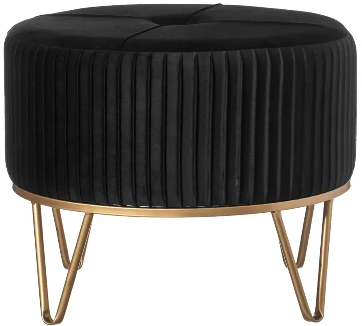 Round Velvet Ottoman Stool Raised with Hairpin Gold Base, Black, Medium