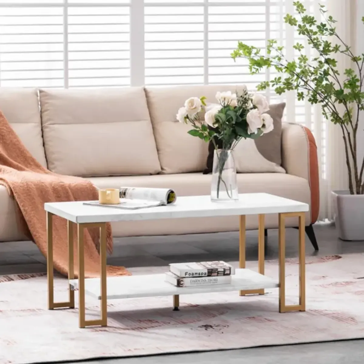 Double-Layer Golden Iron Pipe Marble PVC Coffee Table Rectangular Modern Living Room Table
