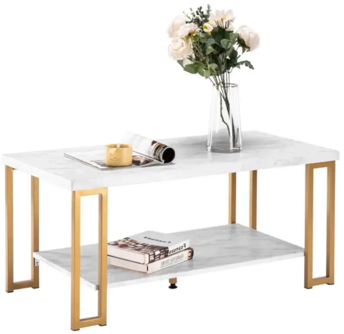 Double-Layer Golden Iron Pipe Marble PVC Coffee Table Rectangular Modern Living Room Table