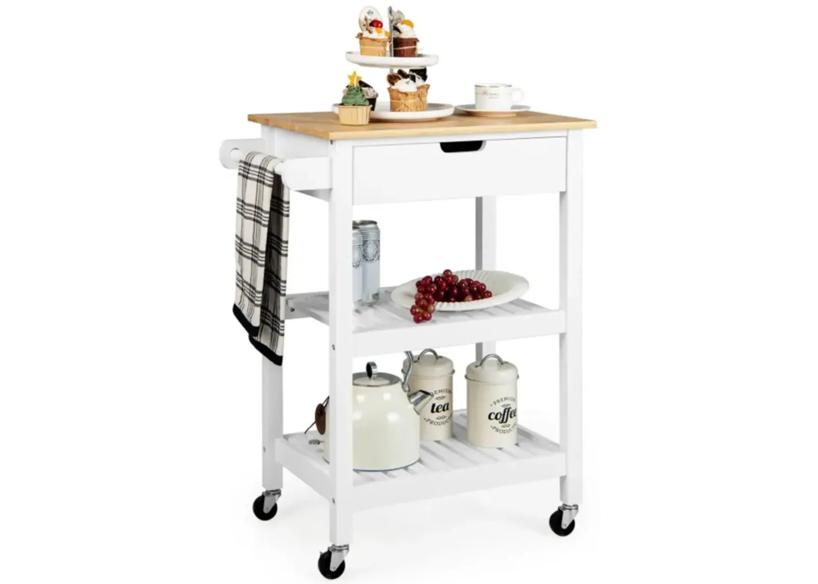 Hivvago 3-Tier Kitchen Island Cart Rolling Service Trolley with Bamboo Top