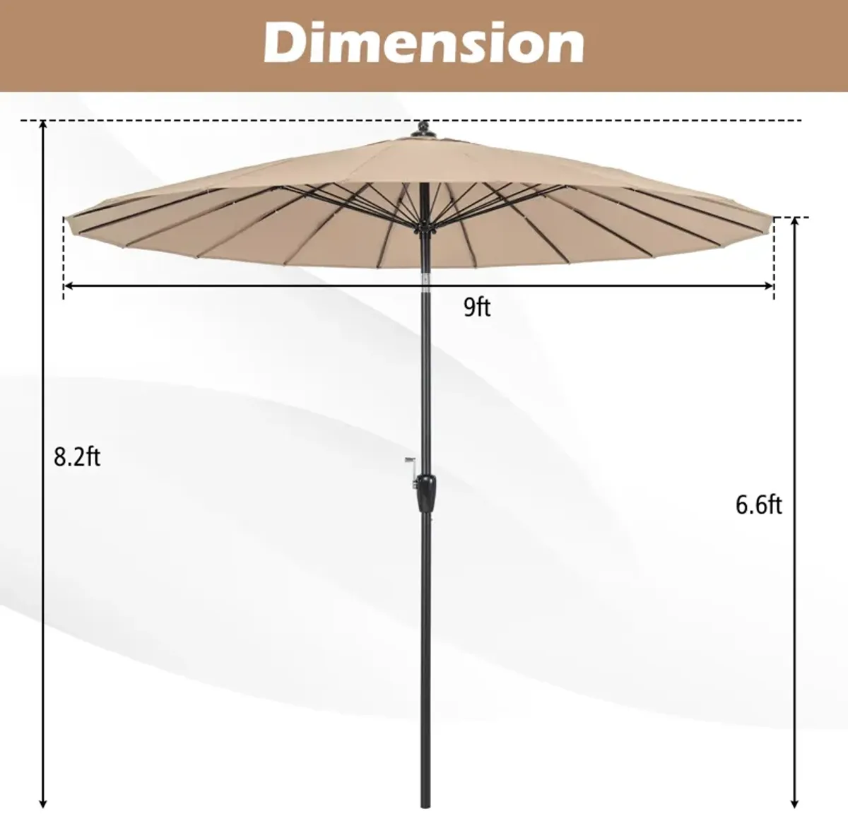 9 Feet Round Patio Umbrella with 18 Fiberglass Ribs