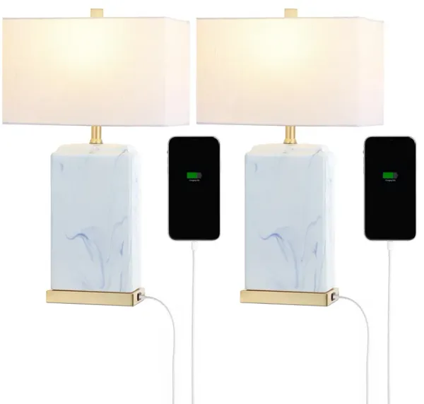 Chloe Modern Coastal Iron/Marbled Ceramic LED Table Lamp with USB Charging Port