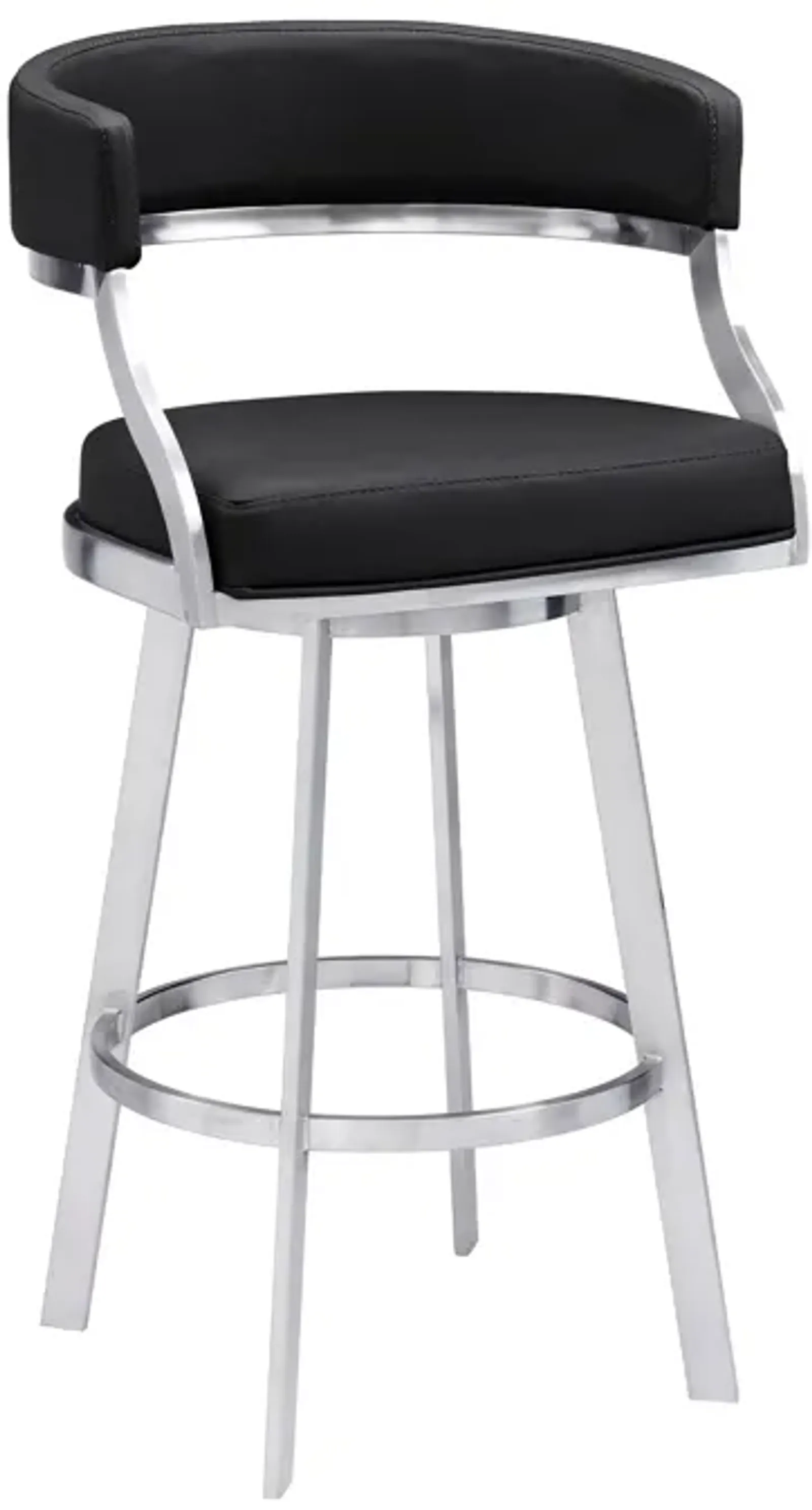 26 Inch Curved Seat Leatherette Swivel Barstool, Silver and Black-Benzara