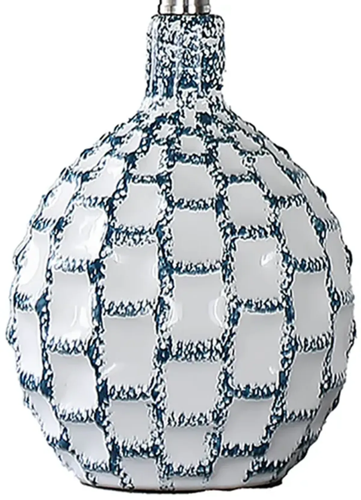 20 Inch Table Lamp, Luxurious Lattice Ceramic Body, Drum Shade, Blue Silver - Benzara