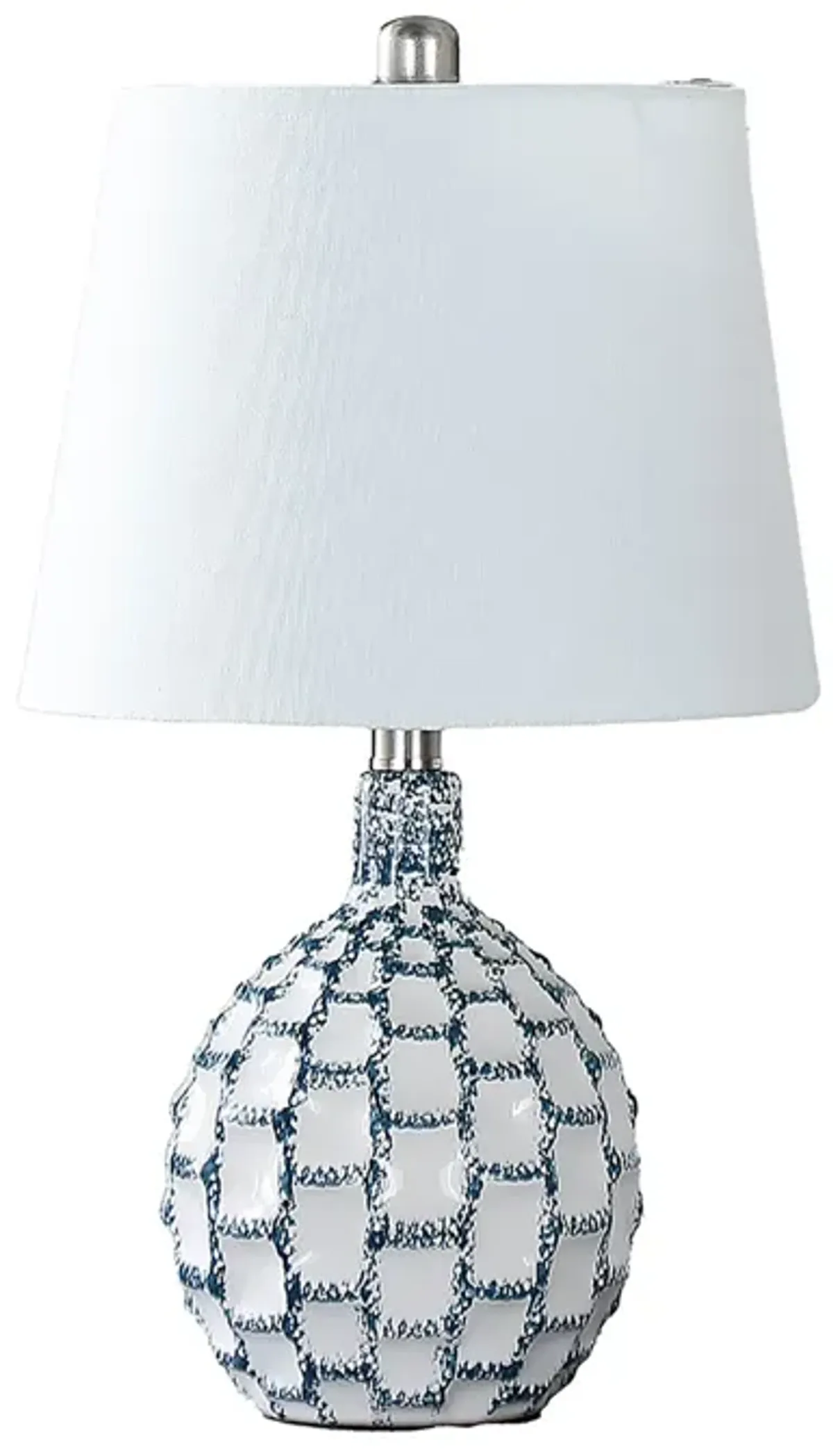 20 Inch Table Lamp, Luxurious Lattice Ceramic Body, Drum Shade, Blue Silver - Benzara