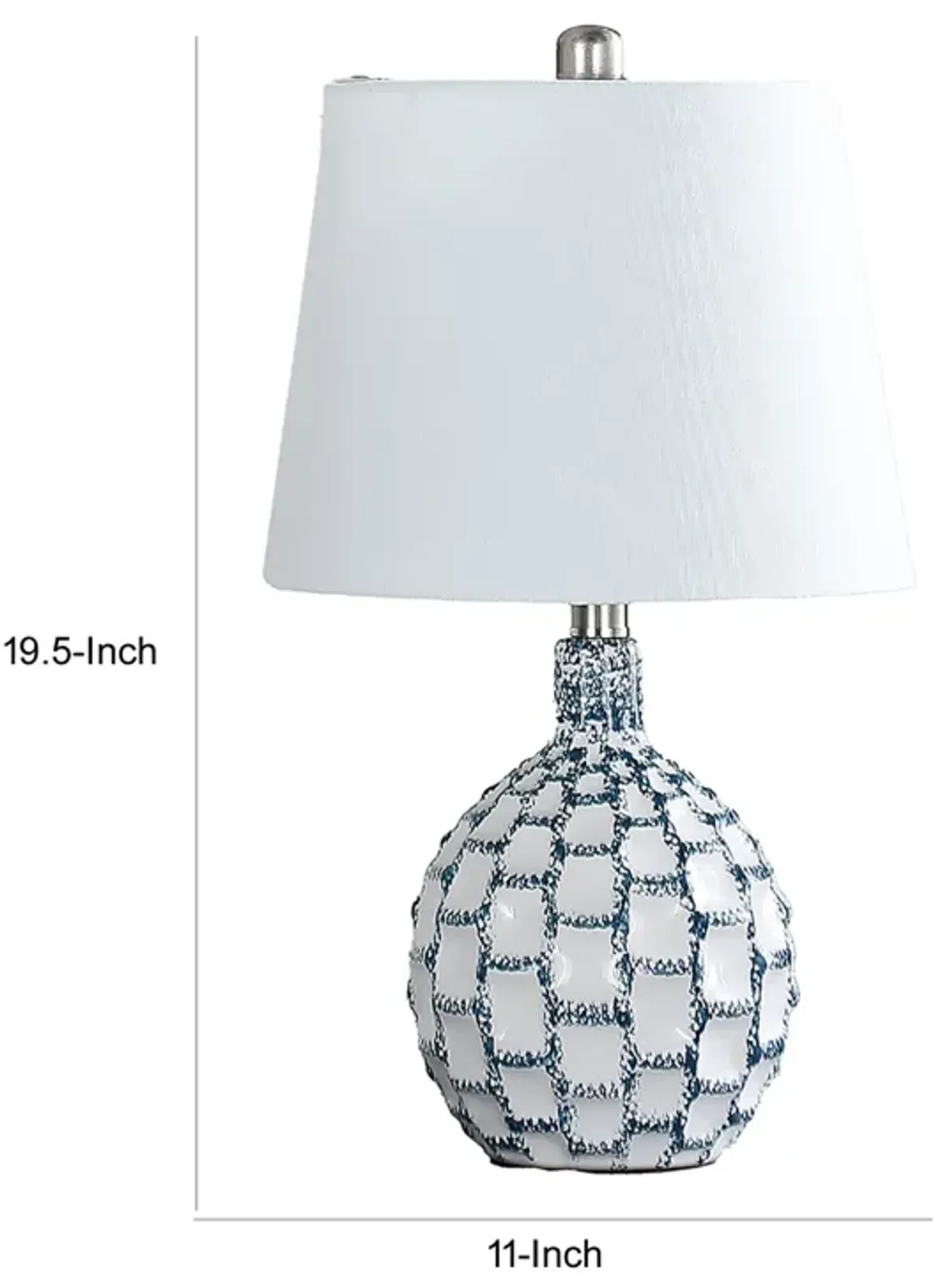 20 Inch Table Lamp, Luxurious Lattice Ceramic Body, Drum Shade, Blue Silver - Benzara