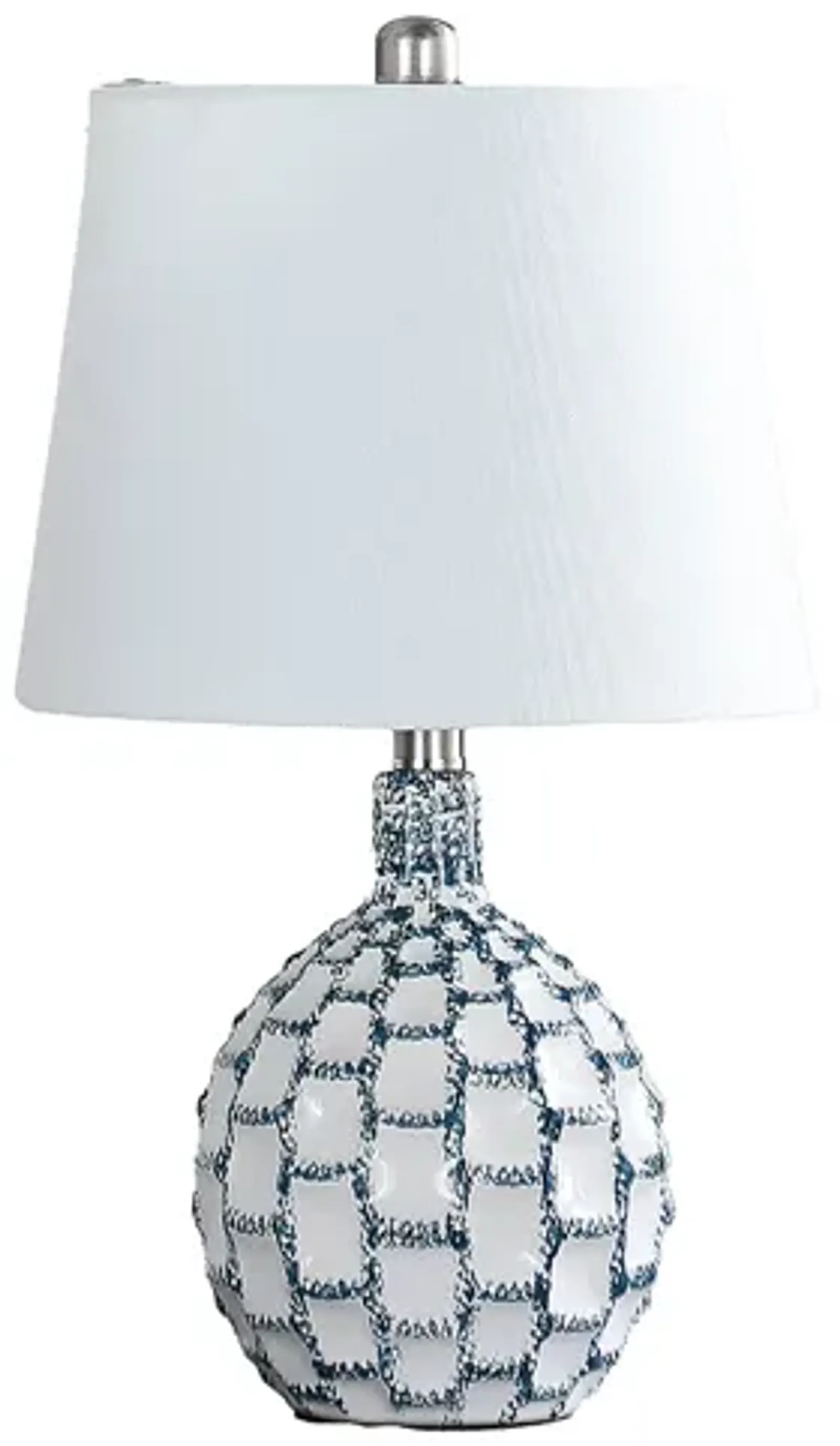 20 Inch Table Lamp, Luxurious Lattice Ceramic Body, Drum Shade, Blue Silver - Benzara