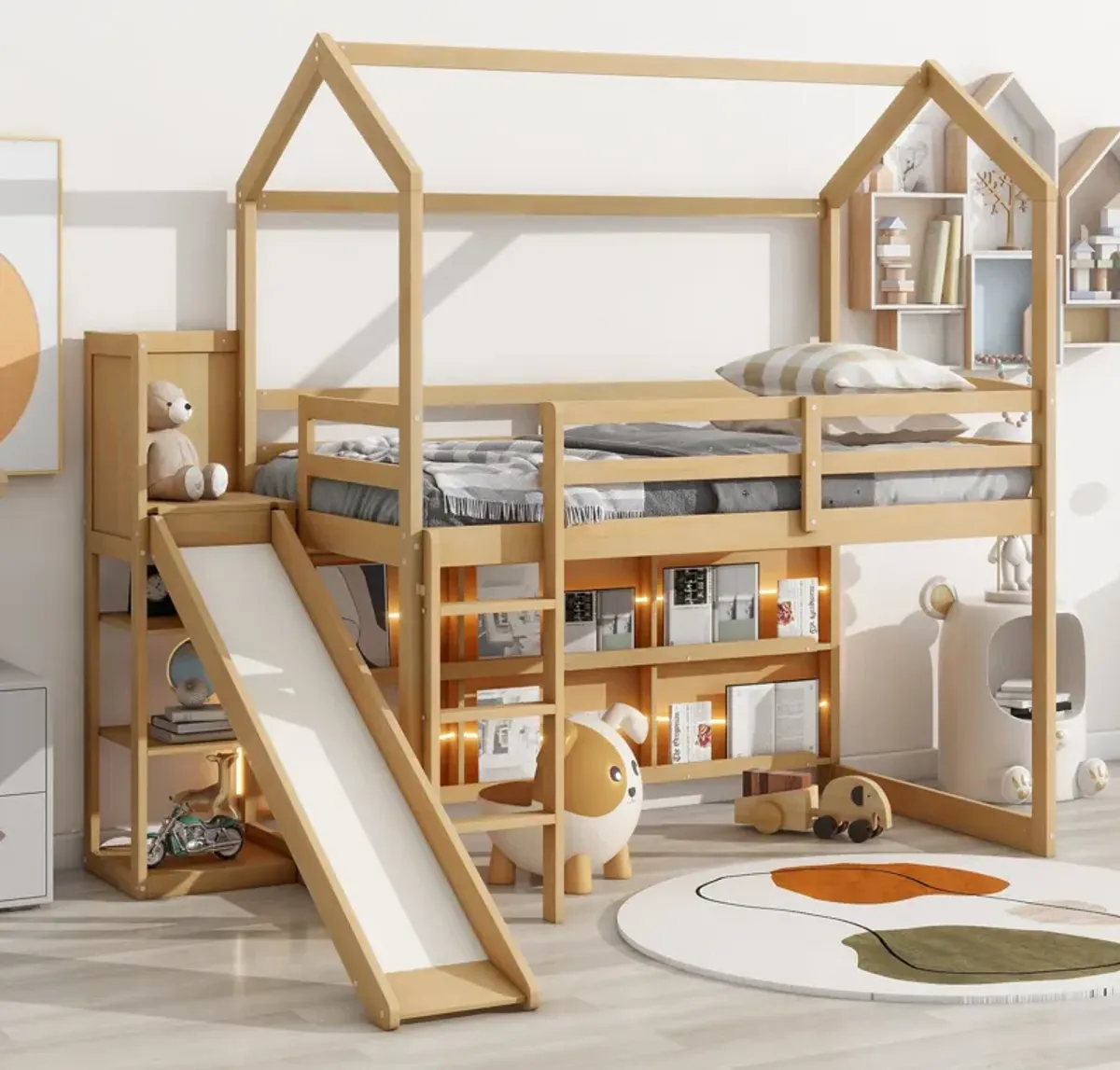 Merax Wood House Loft bed with Slide