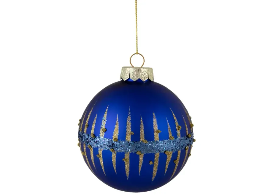 4" Blue and Gold Glitter Glass Ball Christmas Ornament