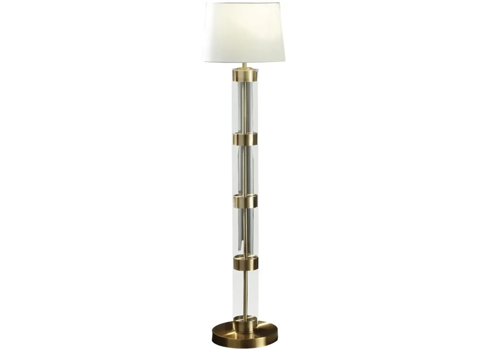 Kria 60 Inch Floor Lamp, Clear Glass Stand, Metal Bands, Antique Brass-Benzara