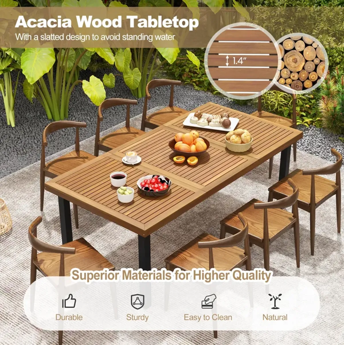 79" Acacia Wood Dining Table 8-Person Patio Table with 1.9" Umbrella Hole and Adjustable Foot Pads