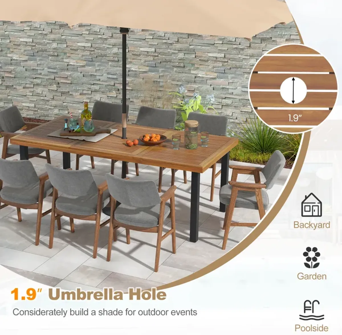 79" Acacia Wood Dining Table 8-Person Patio Table with 1.9" Umbrella Hole and Adjustable Foot Pads