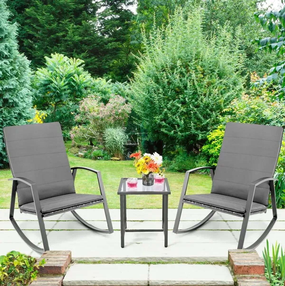 3 Pieces Patio Rattan Rocking Furniture Set