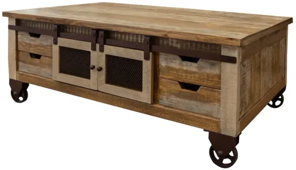 Benjara Fena 50 Inch 8 Drawer Coffee Table, Barn Doors, Rustic Pine Wood, Brown and Multicolor