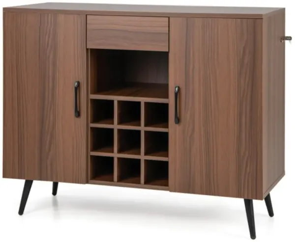 Hivvago Mid-century Modern Buffet Sideboard Server Cabinet with 9-Bottle Wine Rack-Walnut