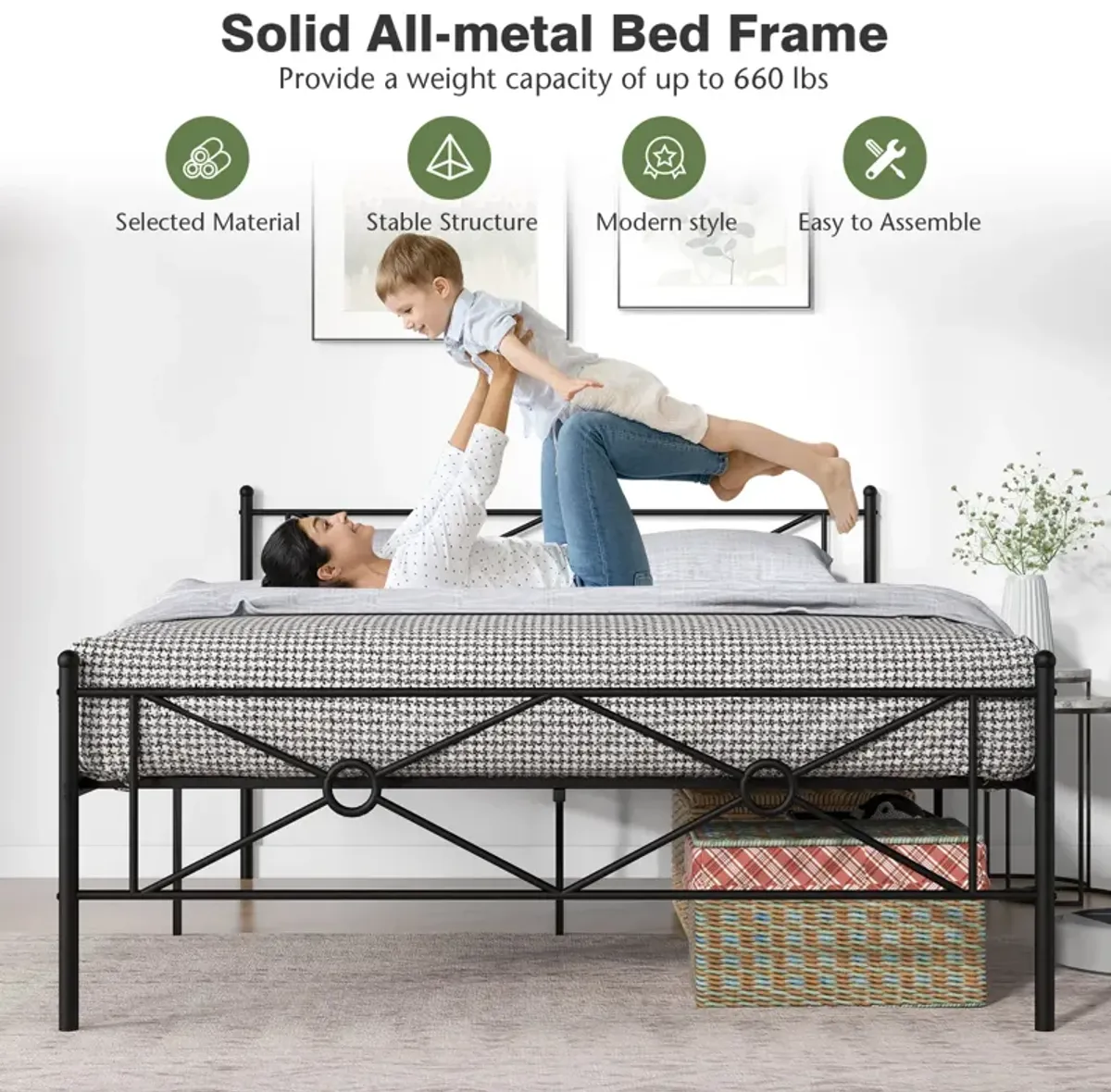 Full/Queen Size Metal Platform Bed Frame with Headboard and Footboard